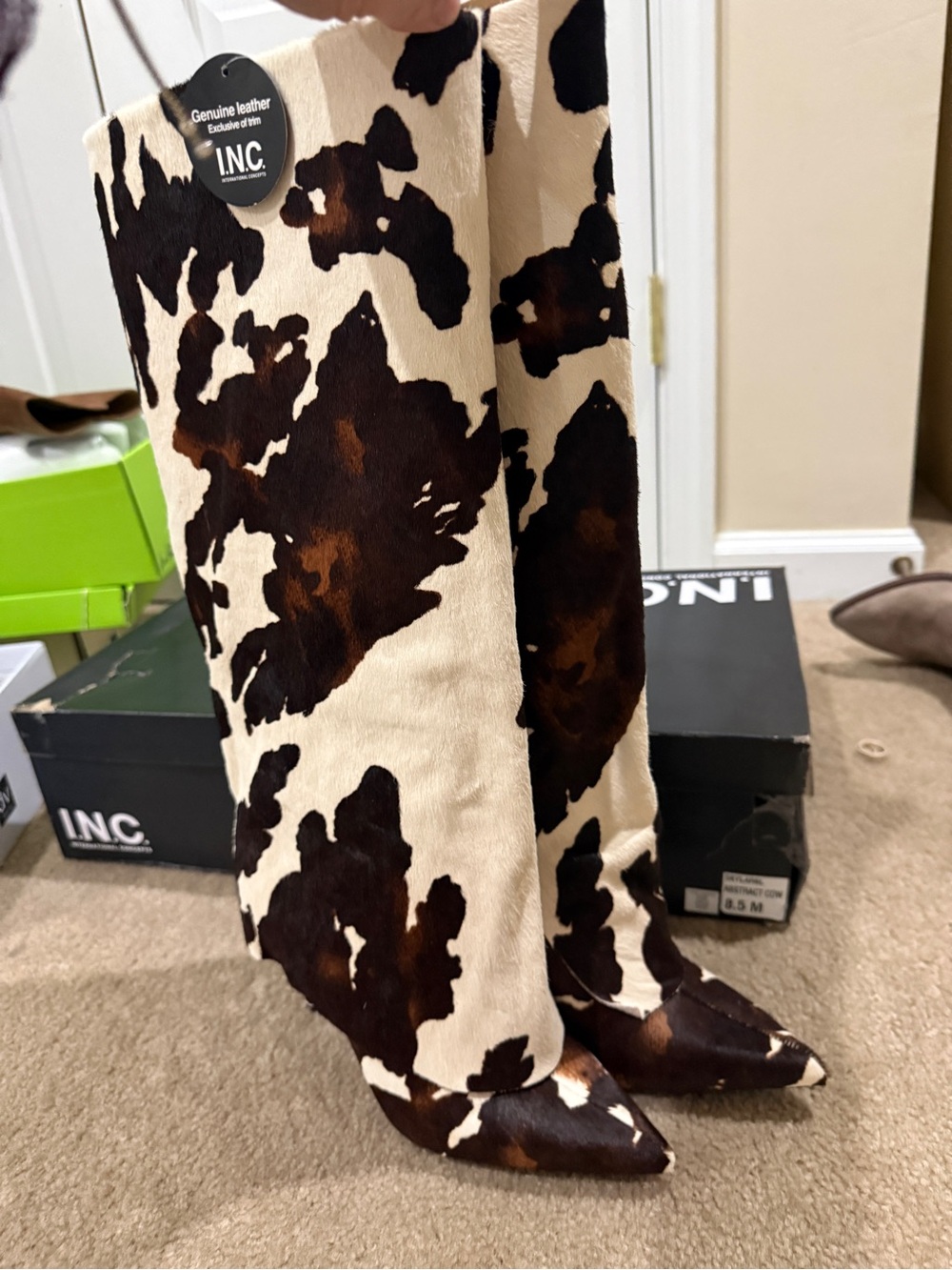 NWT INC Women's White Skylar Fold Over Cuffed Knee High Boots - Cow Print 8.5 - Picture 10 of 12